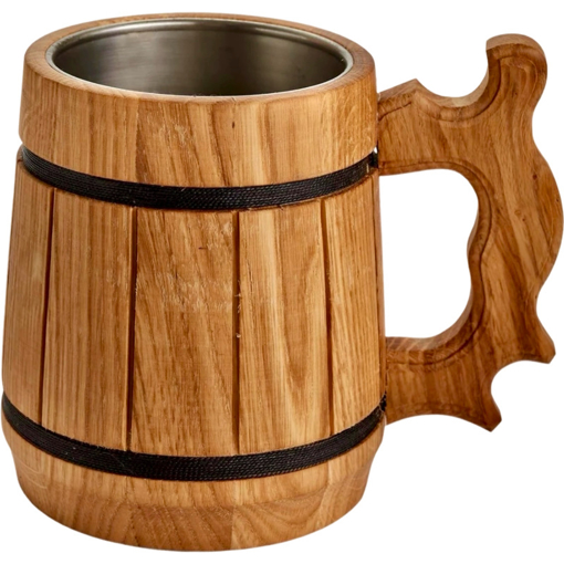 Obrázek z Dřevěný korbel, pohár 0,5 L ručně vyrobený s nerezovým vnitřkem světlý soudek 