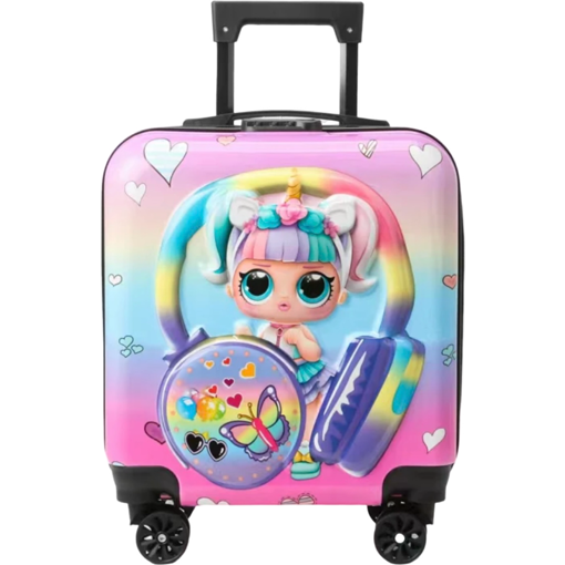 Obrázek z Dětský růžový kufr s panenkou a duhovým motivem 